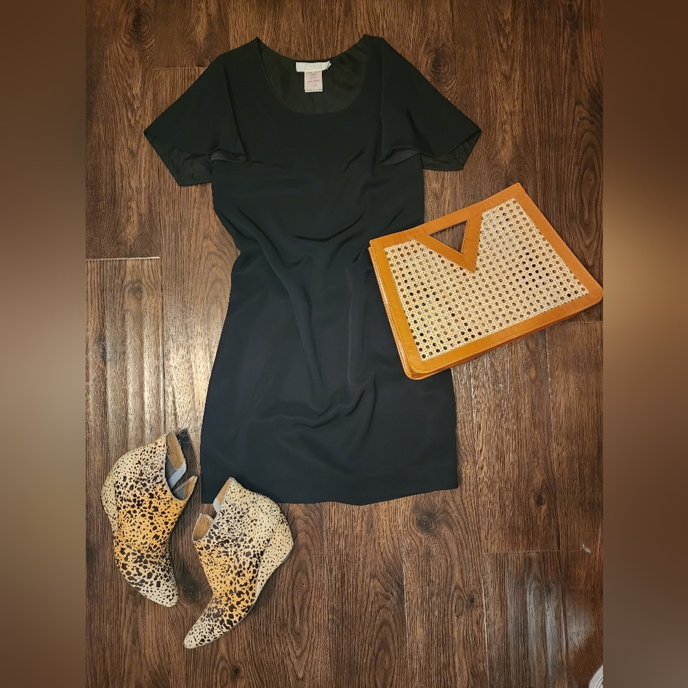 Rare Chic Chloe Modern Black Silk Dress with Back Cutout and Flounce Sleeves